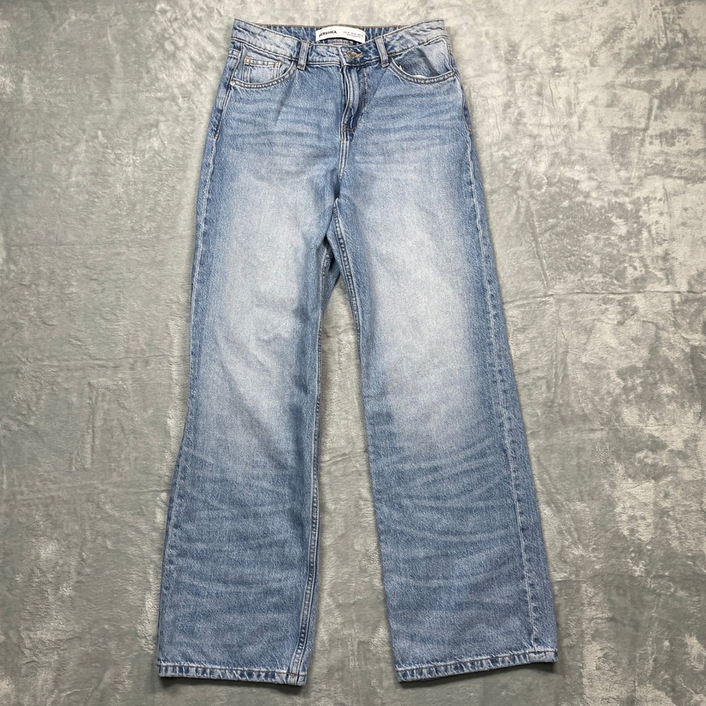 Bershka Wide Leg Jeans Women Size 4 Light Blue High Rise 100% Cotton Denim